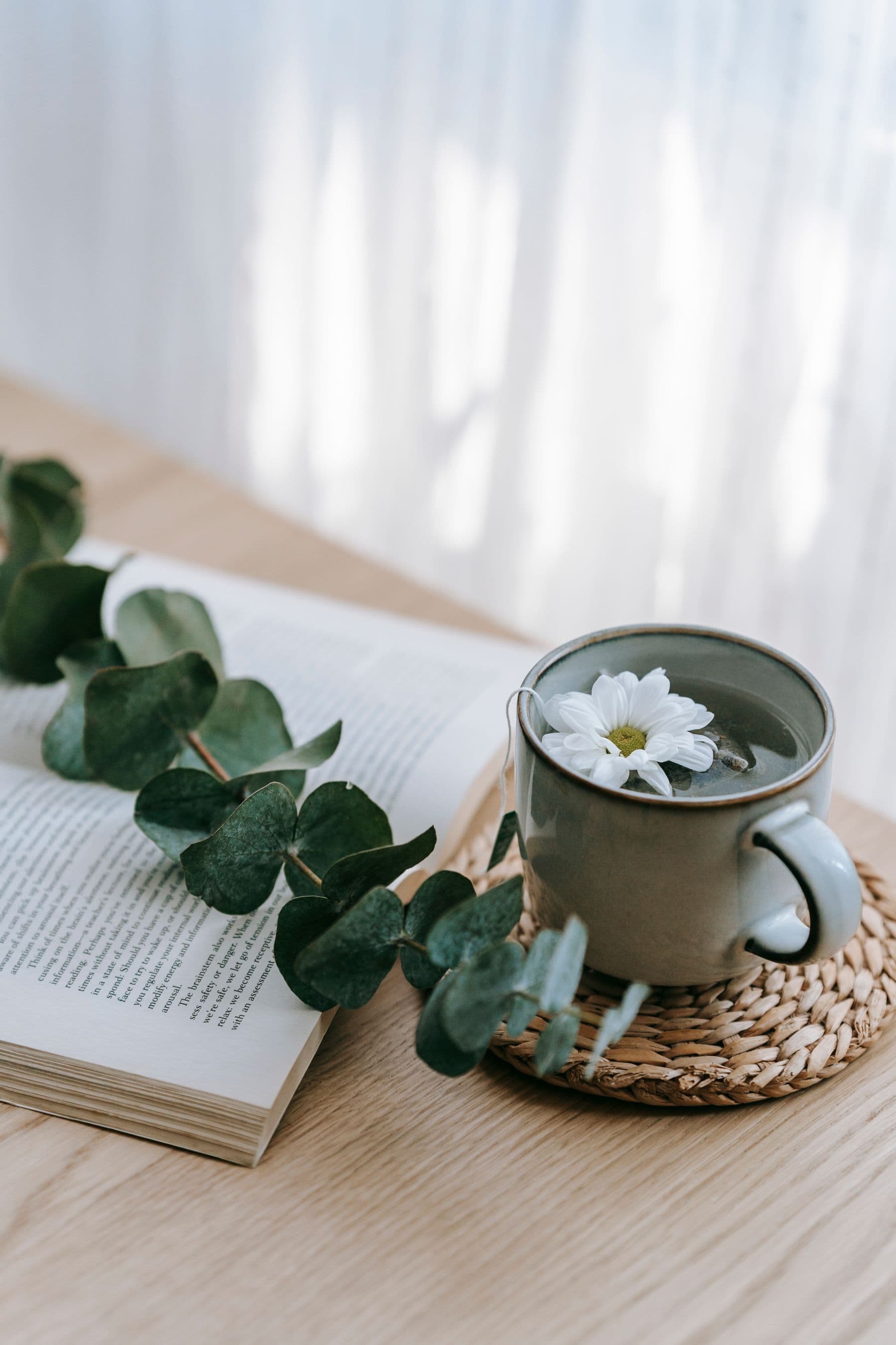 A cup of tea with a white flower floating in it, on a woven coaster beside an open book and a sprig of eucalyptus